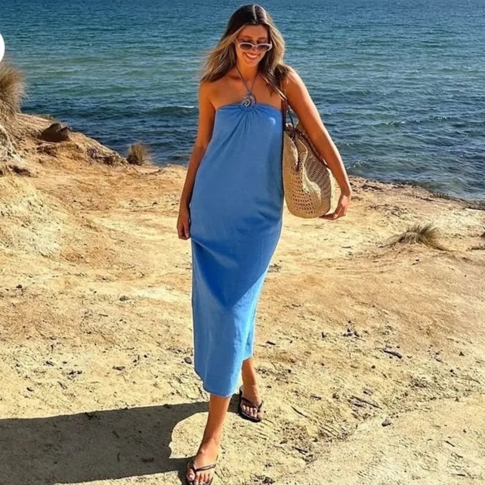 Mon Renn Aelia Midi Dress in Blue VACATION size L NWT